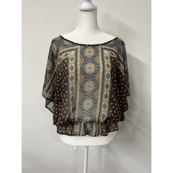 Vtg Y2K MUDD Large Sheer Blouse Top Brown Floral Western Prairie Boho Grunge - Picture 1 of 5